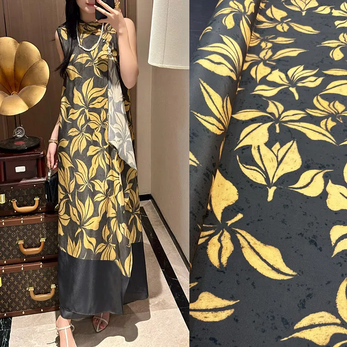 Ткань из черного шелка с золотым цветочным принтом магнолии, эластичный креп-де-шин из тутового шелка для платьев, ширина 140 см, для блузок
Ткань из черного шелка с золотым цветочным принтом магнолии, эластичный креп-де-шин из тутового шелка для платьев, ширина 140 см, для блузок