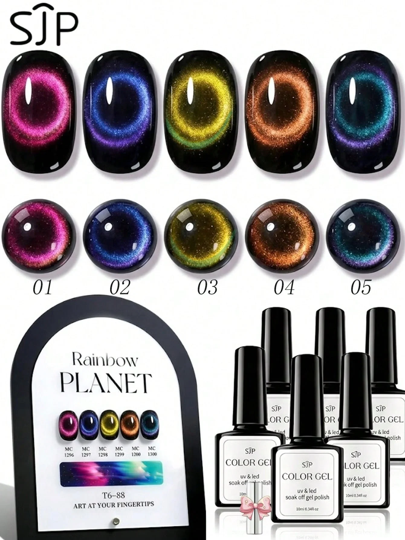 5 bottles (10ml each) of 5D dual-light cat-eye nail polish set, with magnet, UV nail polish, nail salon set.
5 bottles (10ml each) of 5D dual-light cat-eye nail polish set, with magnet, UV nail polish, nail salon set.