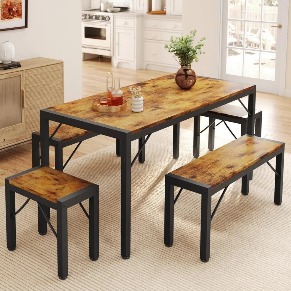 63" Dining Room Table Set for 6, Kitchen Table with 2 Benches and 2 Stools, Dining Table Set with Metal Frame
63" Dining Room Table Set for 6, Kitchen Table with 2 Benches and 2 Stools, Dining Table Set with Metal Frame