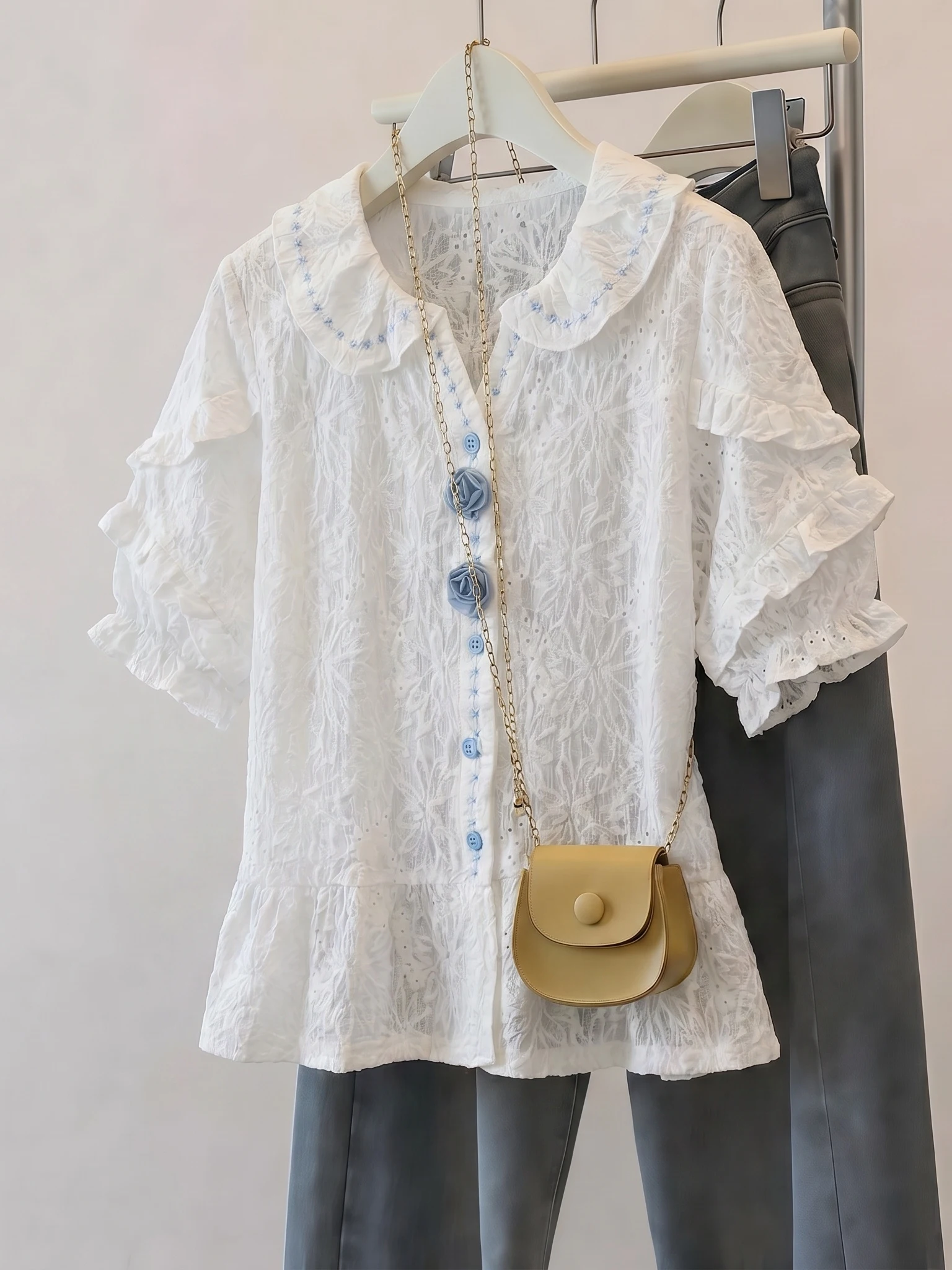 Cute Doll Collar Lace Shirt Women's Short Sleeve Shoulder Length Korean Style Summer New plus Size Fat MM Super Beautiful Top
Cute Doll Collar Lace Shirt Women's Short Sleeve Shoulder Length Korean Style Summer New plus Size Fat MM Super Beautiful Top