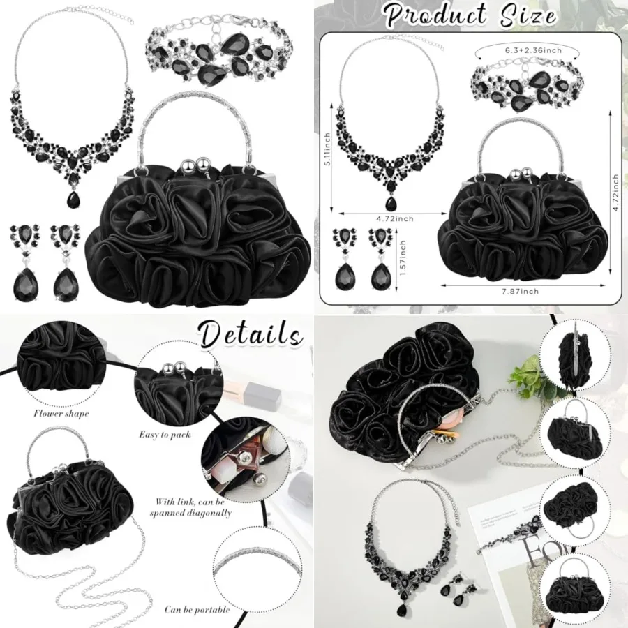 4 Pcs Flower Clutch Rhinestone Jewelry Set Rose Clutch Handbags with Detachable Strap Detachable Necklace Earrings Bracelets fo
4 Pcs Flower Clutch Rhinestone Jewelry Set Rose Clutch Handbags with Detachable Strap Detachable Necklace Earrings Bracelets fo