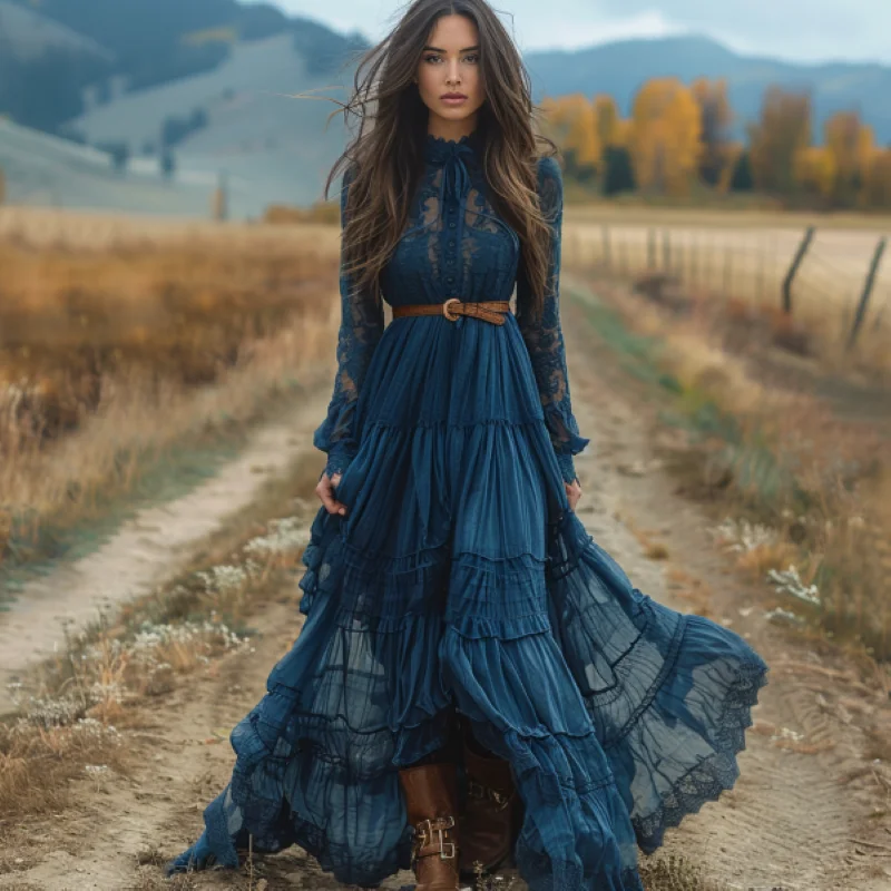 Women Sexy Blue Lace Maxi Dress, Long Sleeve High Neck Tiered Ruffle Gown for Party Club Cocktail Night Out Wedding Guest Casual
Women Sexy Blue Lace Maxi Dress, Long Sleeve High Neck Tiered Ruffle Gown for Party Club Cocktail Night Out Wedding Guest Casual