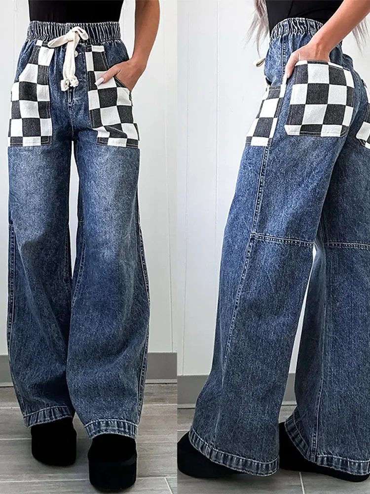 Trendy Women’s Wide Leg Patchwork Denim Jeans Pant With Checkered Pockets Lady High Waist Elastic Drawstring Waistband Trousers
Trendy Women’s Wide Leg Patchwork Denim Jeans Pant With Checkered Pockets Lady High Waist Elastic Drawstring Waistband Trousers