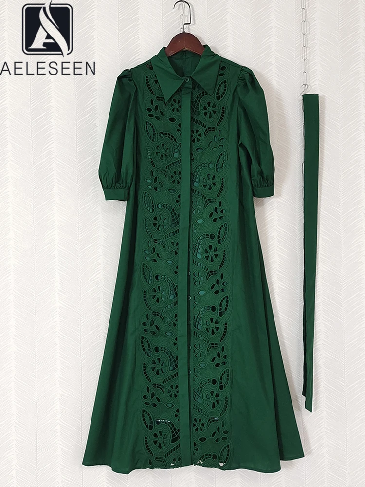 AELESEEN Women Long Dress Designer Fashion Turn-down Collar Lantern Sleeve Dark Green Hollow Out Single-breasted Blue Elegant
AELESEEN Women Long Dress Designer Fashion Turn-down Collar Lantern Sleeve Dark Green Hollow Out Single-breasted Blue Elegant