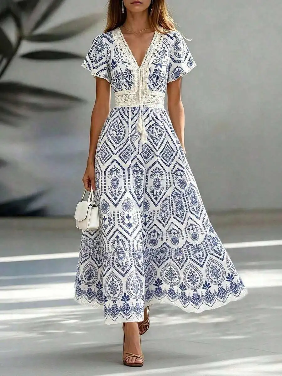Womens Blue White Geometric Floral Print V-Neck Puff Sleeve A-Line Maxi Dress With Lace Waist Tassel Trim
Womens Blue White Geometric Floral Print V-Neck Puff Sleeve A-Line Maxi Dress With Lace Waist Tassel Trim