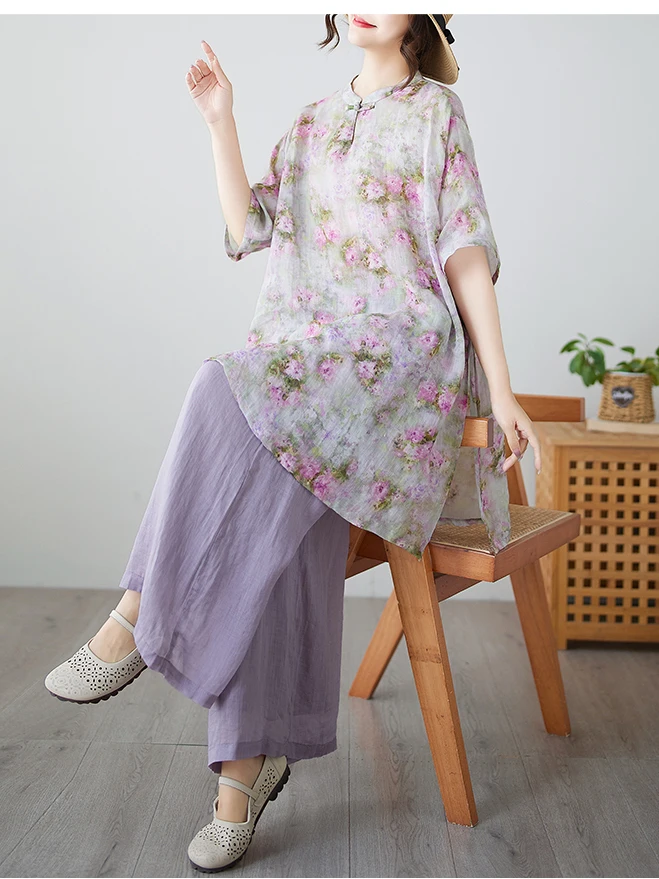 Summer Large Size Retro Chinese Style Loose Floral Cotton Linen Tea Costume Top Wide Leg Pants Two Piece Set Women's Fashion
Summer Large Size Retro Chinese Style Loose Floral Cotton Linen Tea Costume Top Wide Leg Pants Two Piece Set Women's Fashion
