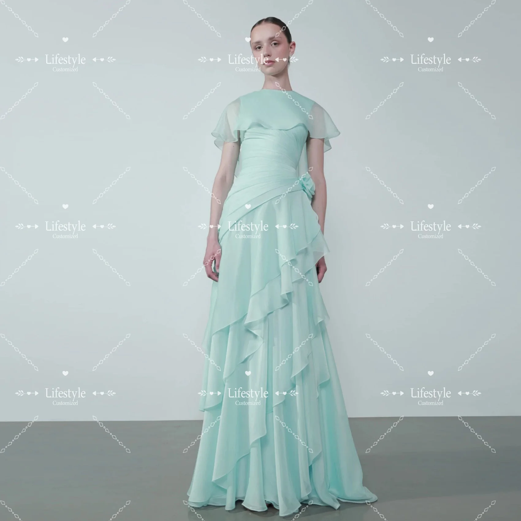 Customized Formal Evening Dress Round Neck Mint Green Prom Gown with Capelet Sleeves Tiered Ruffle Elegant Party Dress
Customized Formal Evening Dress Round Neck Mint Green Prom Gown with Capelet Sleeves Tiered Ruffle Elegant Party Dress
