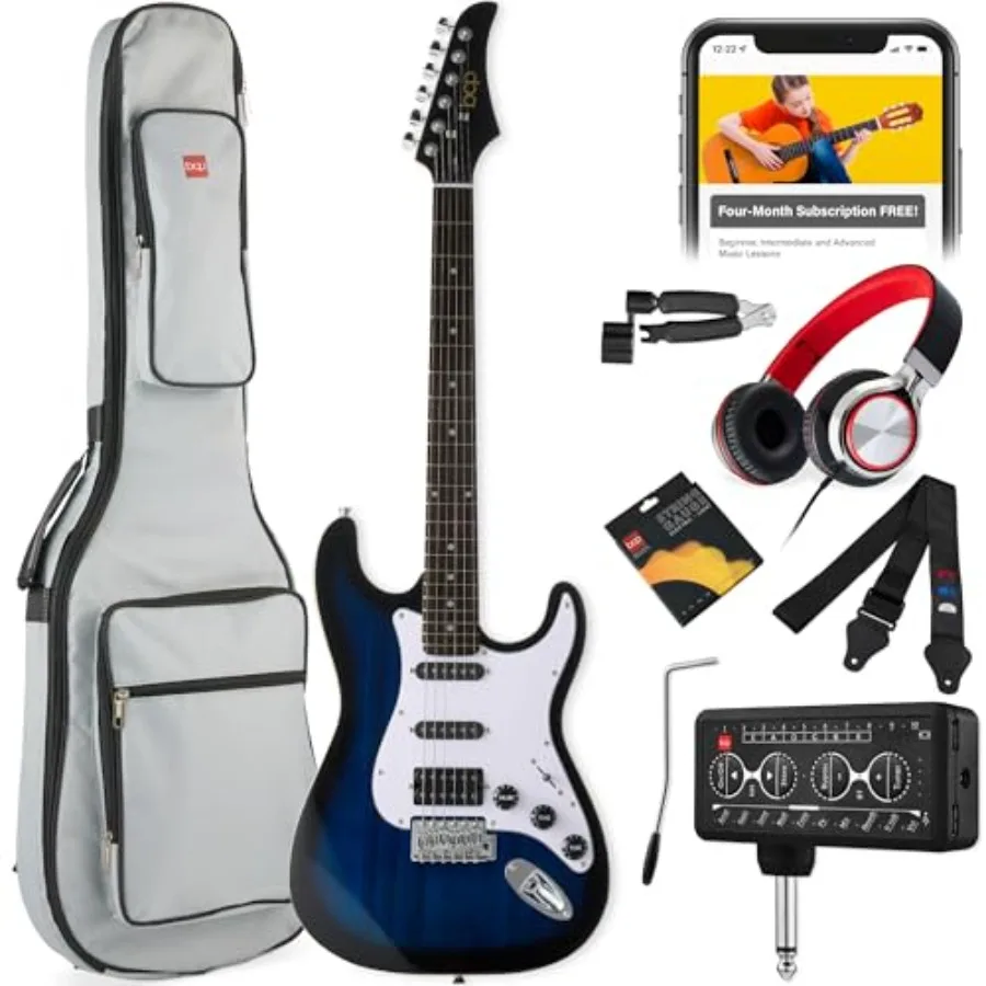 Beginner HSS electric guitar kit for practice: alder body, black finish, includes headphone amp, padded gig-bag, headphones, an
Beginner HSS electric guitar kit for practice: alder body, black finish, includes headphone amp, padded gig-bag, headphones, an