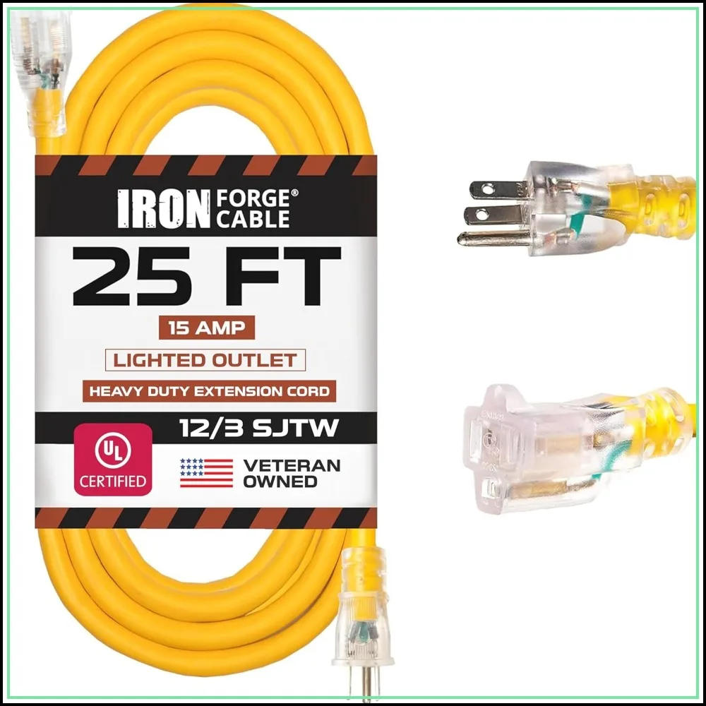 25 ft Heavy Duty Outdoor Extension Cord - 12/3 SJTW, 15 Amp, Yellow, Lighted End, Weatherproof, Flexible, 3 Prong Grounded Plug for Safety
25 ft Heavy Duty Outdoor Extension Cord - 12/3 SJTW, 15 Amp, Yellow, Lighted End, Weatherproof, Flexible, 3 Prong Grounded Plug for Safety