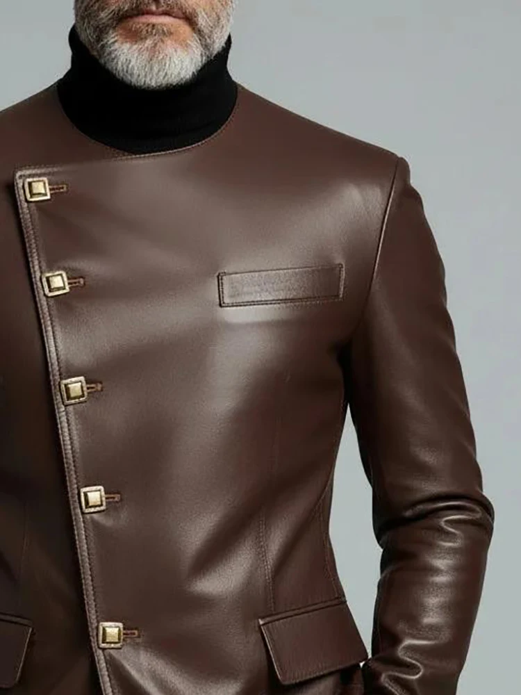Мужской деловой коричневый асимметричный пиджак из искусственной кожи с круглым вырезом и длинными рукавами, однобортный модный винтажный мужской пиджак
Мужской деловой коричневый асимметричный пиджак из искусственной кожи с круглым вырезом и длинными рукавами, однобортный модный винтажный мужской пиджак