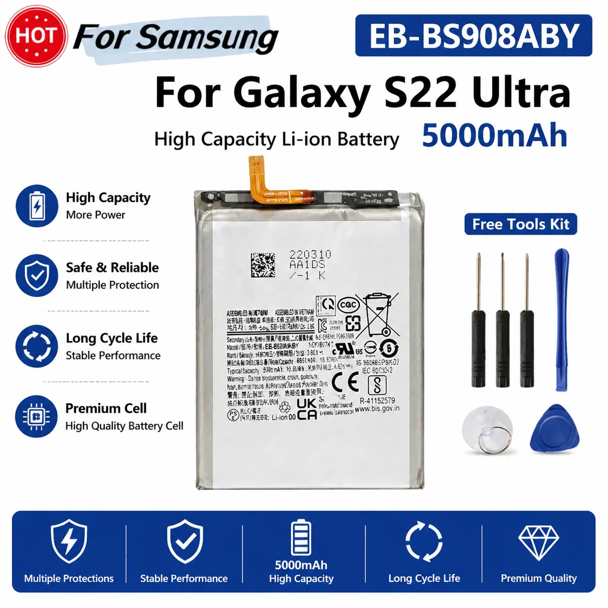 New EB-BS908ABY Battery 5000mAh High Capacity Replacement Battery For Samsung Galaxy S22 Ultra SM-S908 SM-S9080 With Free Tools
New EB-BS908ABY Battery 5000mAh High Capacity Replacement Battery For Samsung Galaxy S22 Ultra SM-S908 SM-S9080 With Free Tools