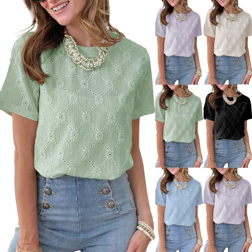 Women Summer Short Sleeve Shirts Fashion Jacquard Hollow Out Elegant O-Neck Loose Casual Black Tops 2025 Vintage Women's Blusas
Women Summer Short Sleeve Shirts Fashion Jacquard Hollow Out Elegant O-Neck Loose Casual Black Tops 2025 Vintage Women's Blusas