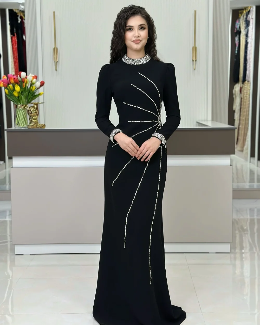 Customized Matching Sparkle Jersey Rhinestone Pleat Straight High Collar Long Dresses Bespoke Occasion Dresses Exquisite Pastrol 
Customized Matching Sparkle Jersey Rhinestone Pleat Straight High Collar Long Dresses Bespoke Occasion Dresses Exquisite Pastrol