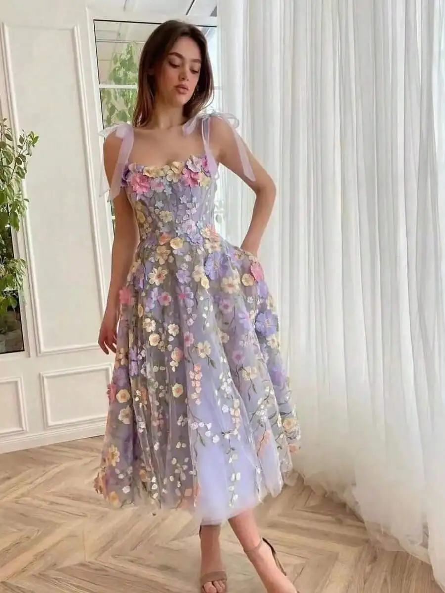 Lilac Tulle Midi Dress With 3D Floral Embroidery, Camisole Style, Sheer Tie-Shoulder Straps, Fairy Tale Party Gown
Lilac Tulle Midi Dress With 3D Floral Embroidery, Camisole Style, Sheer Tie-Shoulder Straps, Fairy Tale Party Gown