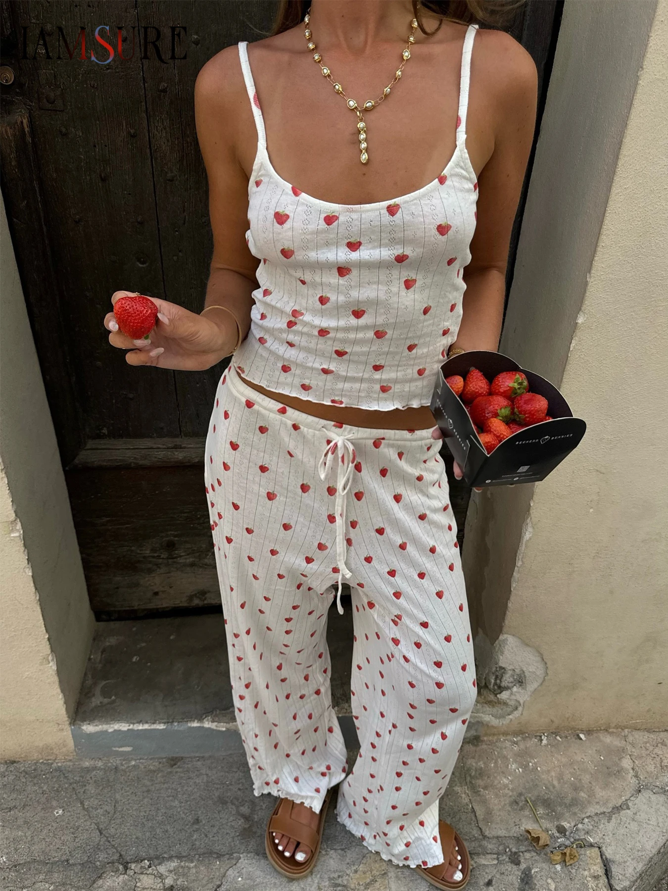 IAMSURE Sweet Fruit Printed Pants Sets Women Holiday Casual 2025 2 Piece Sets Camis Tops Bandage Mid-Waisted Wide Leg Pants Lady
IAMSURE Sweet Fruit Printed Pants Sets Women Holiday Casual 2025 2 Piece Sets Camis Tops Bandage Mid-Waisted Wide Leg Pants Lady
