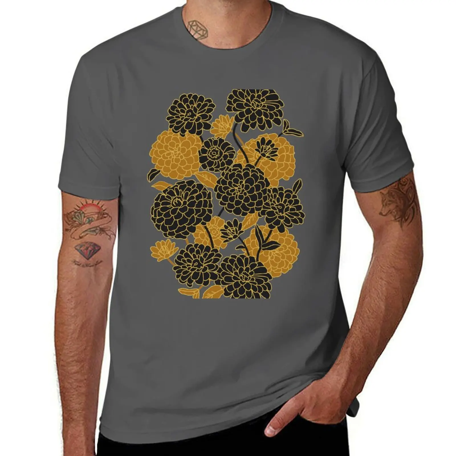 Black and gold. Zinnia Flower Pattern T-Shirt summer top shirts graphic tee mens big and tall t shirts
Black and gold. Zinnia Flower Pattern T-Shirt summer top shirts graphic tee mens big and tall t shirts
