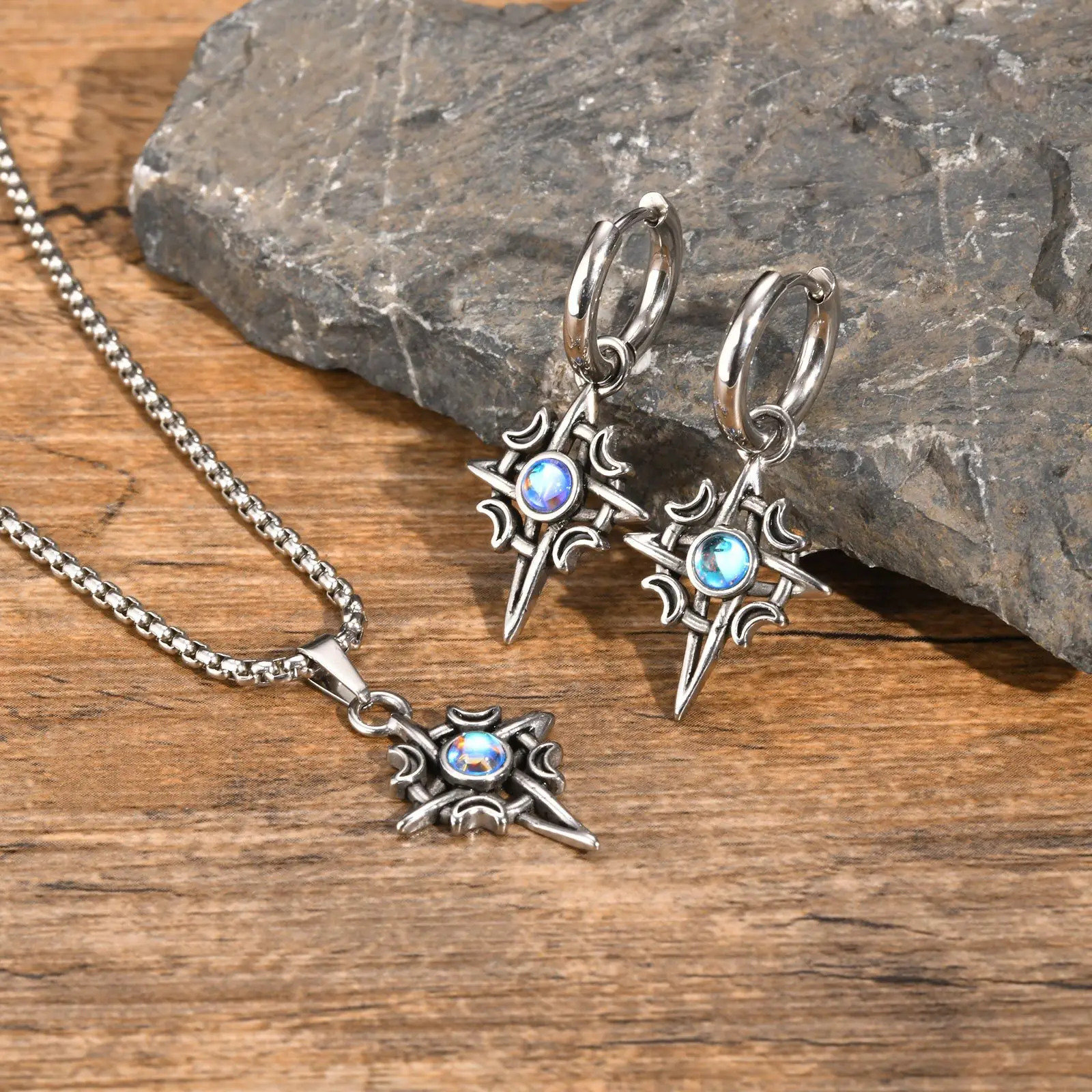 AETEEY Stainless Steel Moon Four-Pointed Star Moonstone Earring Pendant Necklace Unisex Gothic Hiphop Jewelry
AETEEY Stainless Steel Moon Four-Pointed Star Moonstone Earring Pendant Necklace Unisex Gothic Hiphop Jewelry