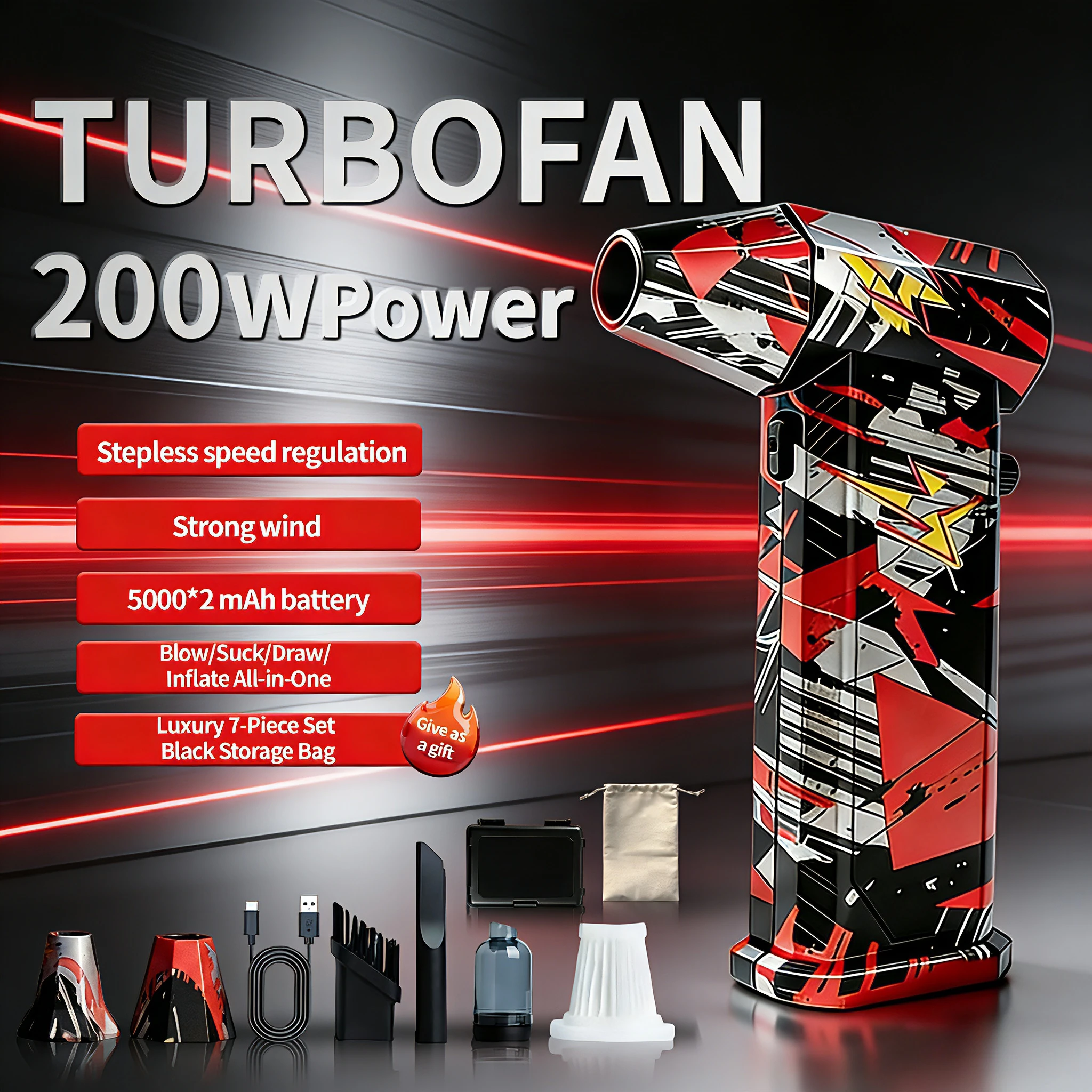 Brushless vacuum X9 silver-black-red fan, 300,000 RPM, wind speed 75m/s, turbo jet hair dryer,car wash gun,Snow Dust Cleaner.
Brushless vacuum X9 silver-black-red fan, 300,000 RPM, wind speed 75m/s, turbo jet hair dryer,car wash gun,Snow Dust Cleaner.