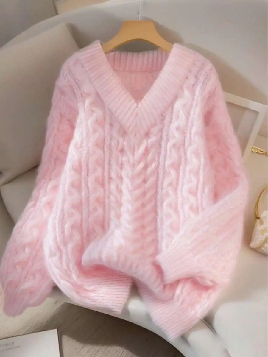 Soft Pink Oversized V-Neck Thick Cable Knit Pullover Sweater for Women
Soft Pink Oversized V-Neck Thick Cable Knit Pullover Sweater for Women