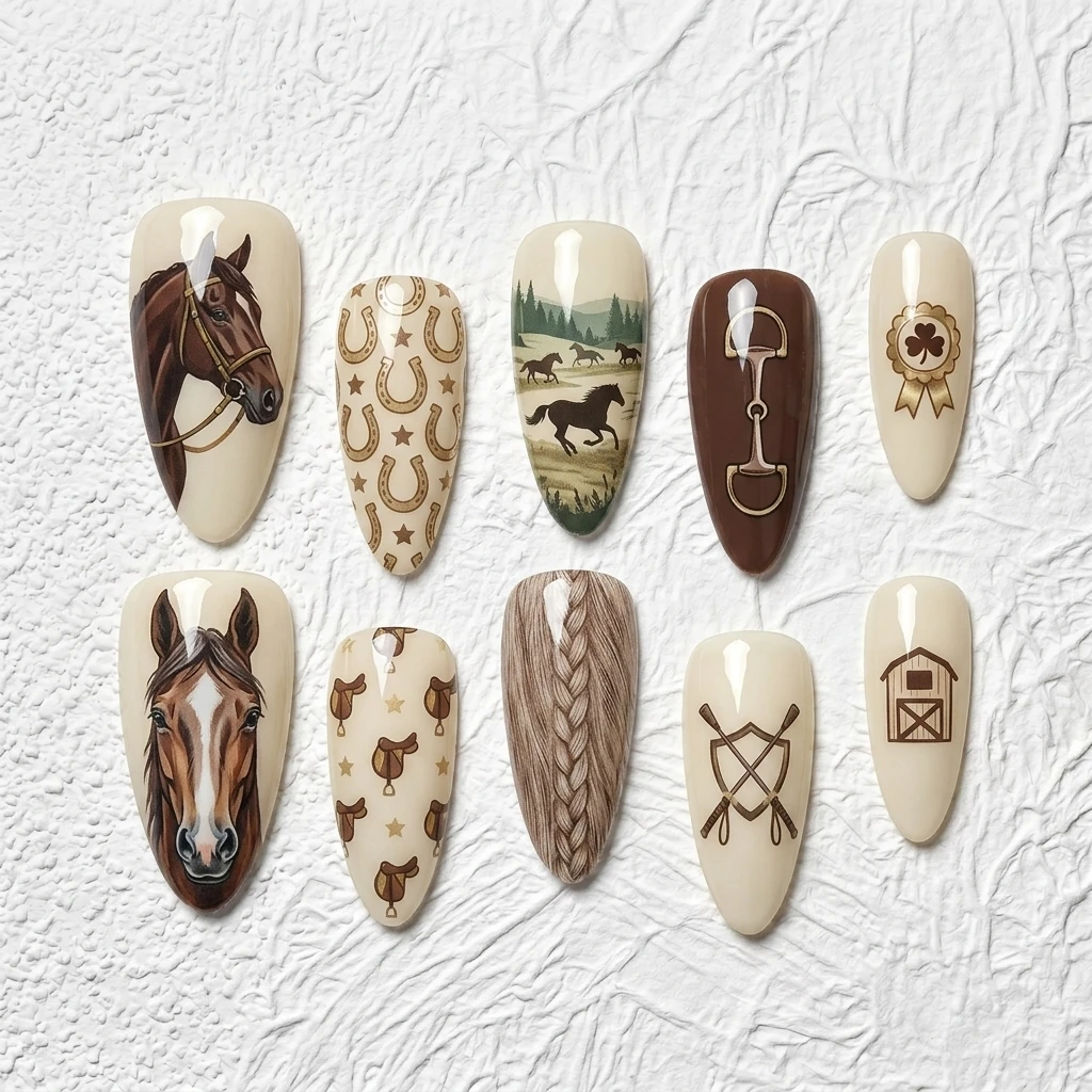 Artisan Handcrafted 10PCS Equestrian Almond Press-On Nails | Horse Portraits, Horseshoes, Braids, Saddles & Barn Motifs, Bridal
Artisan Handcrafted 10PCS Equestrian Almond Press-On Nails | Horse Portraits, Horseshoes, Braids, Saddles & Barn Motifs, Bridal