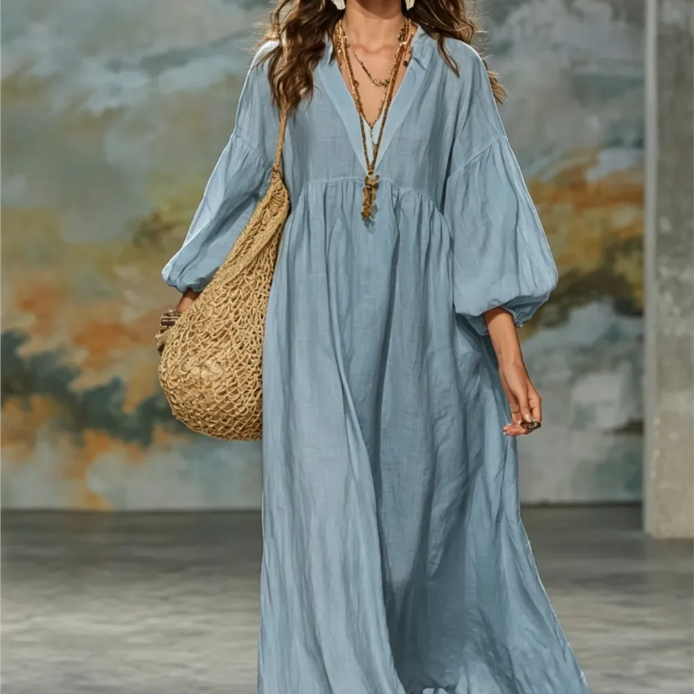 Women's Elegant Long Sleeved V-neck High Waisted Cotton Linen Loose Solid Color Simple And Versatile Spring Summer A-line Dress
Women's Elegant Long Sleeved V-neck High Waisted Cotton Linen Loose Solid Color Simple And Versatile Spring Summer A-line Dress