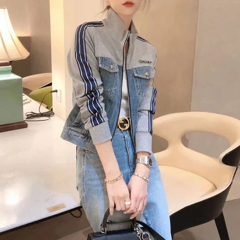 Female Clothing Vintage Spliced Denim Coats Spring Autumn Stand Collar Long Sleeve Casual Zipper Striped Korean Pockets Jackets
Female Clothing Vintage Spliced Denim Coats Spring Autumn Stand Collar Long Sleeve Casual Zipper Striped Korean Pockets Jackets