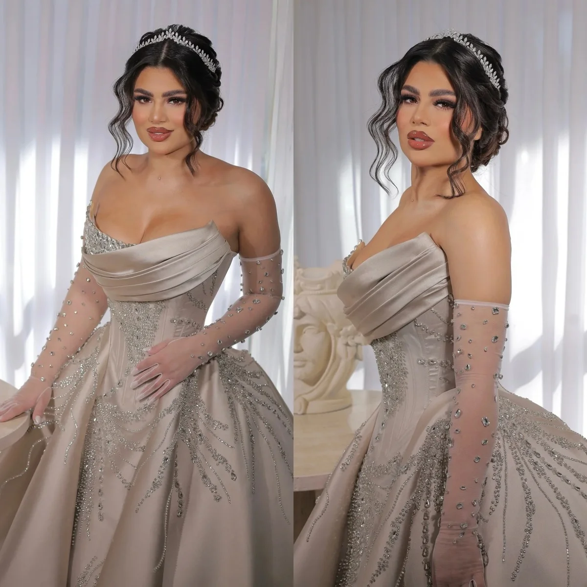 Gorgeous Strapless Ball Gown Wedding Dress Luxury Beading Appliques Bridal Gowns Arabic Sequined Crystal vestido de novia 
Gorgeous Strapless Ball Gown Wedding Dress Luxury Beading Appliques Bridal Gowns Arabic Sequined Crystal vestido de novia