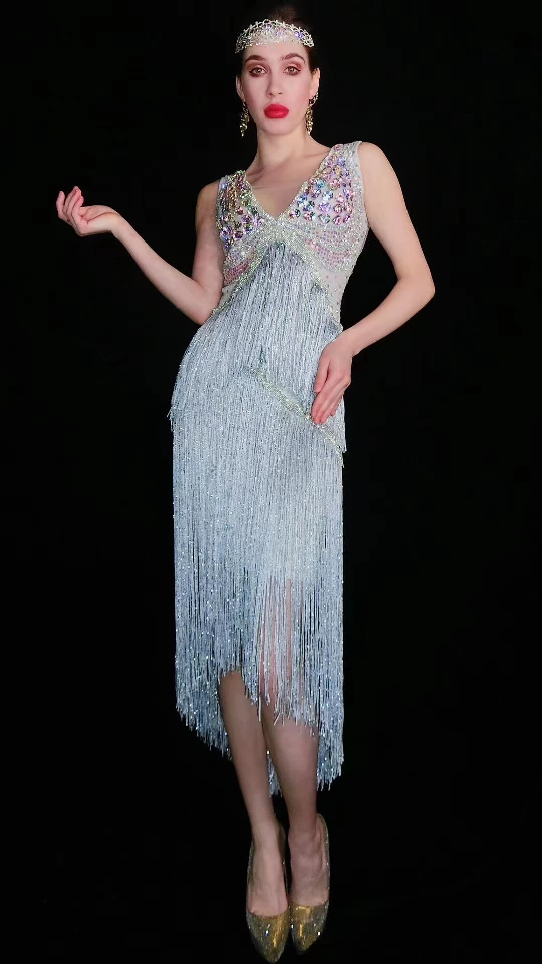 Bling Rhinestones Fringes Dress SleevelessEvening Party Dress Women Birthday CelebrateProm Outfit Stage Costumes A374
Bling Rhinestones Fringes Dress SleevelessEvening Party Dress Women Birthday CelebrateProm Outfit Stage Costumes A374