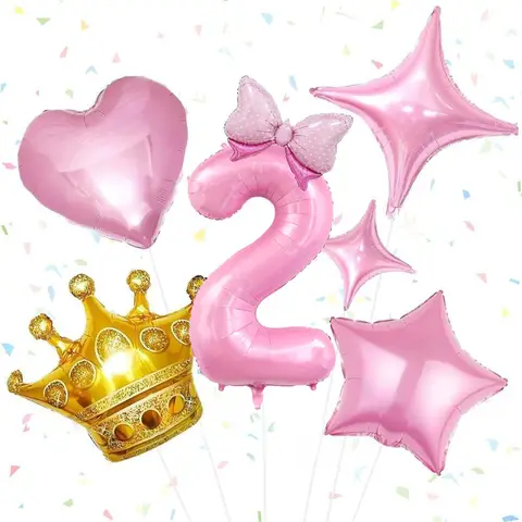 Pink Theme Birthday Balloons Set,Pink Foil Balloons Star,Pink Heart,Love,Bow for Children Birthday,Pink Theme DIY Party Supplies