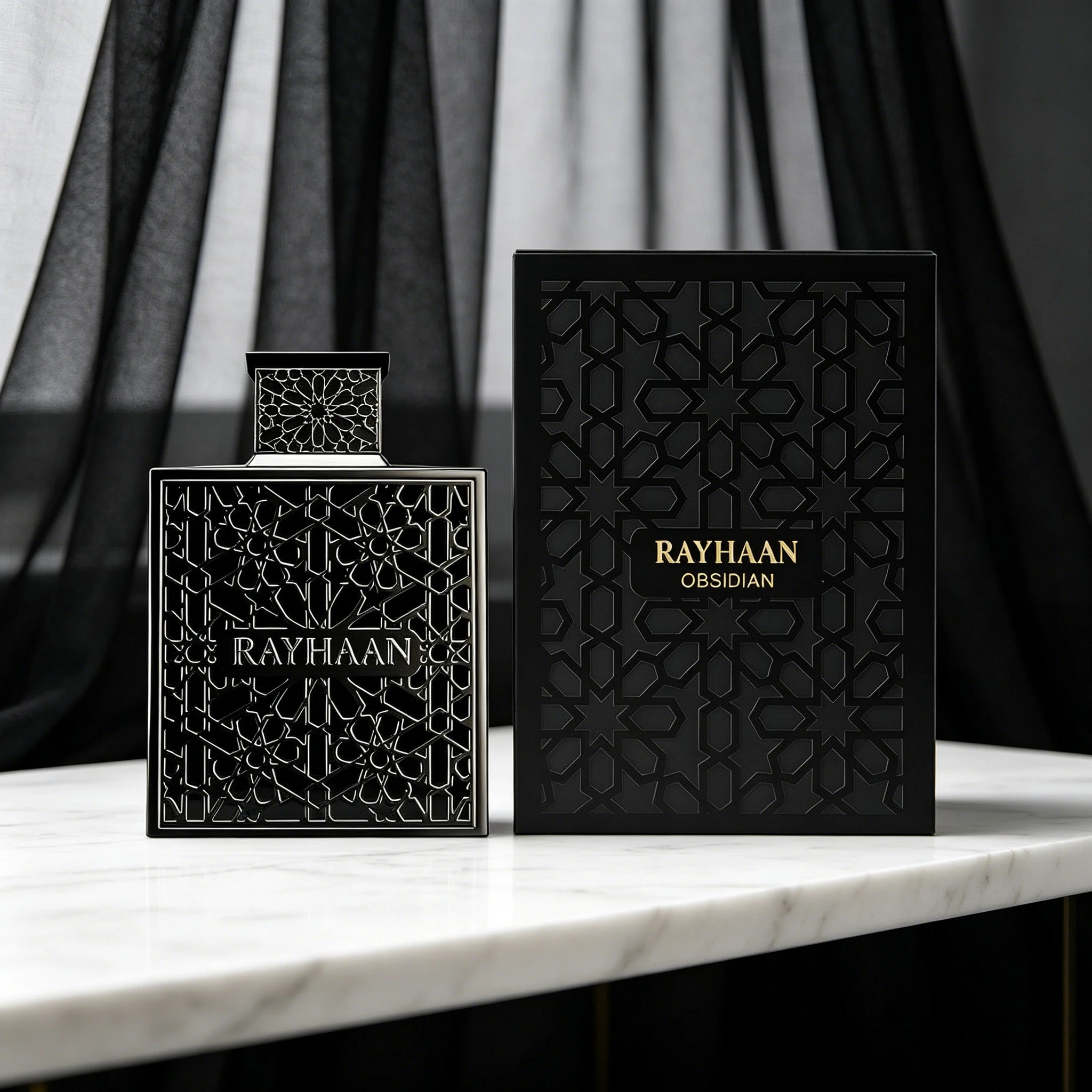 RAYHAAN The new product OBSIDIAN is coming, with an obsidian like bottle body engraved with Islamic star patterns, representing a mysterious and steady Eastern power in the dark night wilderness
RAYHAAN The new product OBSIDIAN is coming, with an obsidian like bottle body engraved with Islamic star patterns, representing a mysterious and steady Eastern power in the dark night wilderness