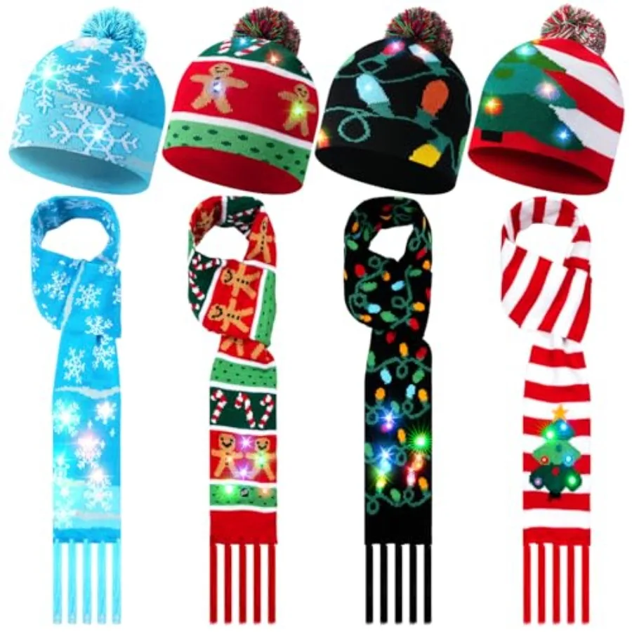 Suhine 8 Pcs Christmas LED Light Up Hats and Light Up Scarf Set 4 Christmas Beanie Colorful Knit Cap 4 Xmas LED Scarf for Adult
Suhine 8 Pcs Christmas LED Light Up Hats and Light Up Scarf Set 4 Christmas Beanie Colorful Knit Cap 4 Xmas LED Scarf for Adult