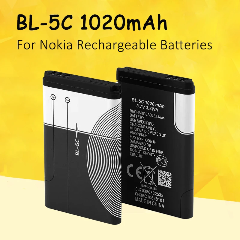 1Pcs-20pcs 3.7V 1020mAh Battery BL-5C BL5C BL 5C Rechargeable Batteries for Nokia 2112 2118 2255 2270 2280 2300 2600 2610 3125
1Pcs-20pcs 3.7V 1020mAh Battery BL-5C BL5C BL 5C Rechargeable Batteries for Nokia 2112 2118 2255 2270 2280 2300 2600 2610 3125