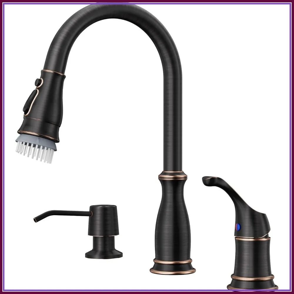 3 Hole Kitchen Faucet with Pull Down Sprayer, Oil Rubbed Bronze, Stainless Steel, 3 Modes, Soap Dispenser, Separate Handle
3 Hole Kitchen Faucet with Pull Down Sprayer, Oil Rubbed Bronze, Stainless Steel, 3 Modes, Soap Dispenser, Separate Handle