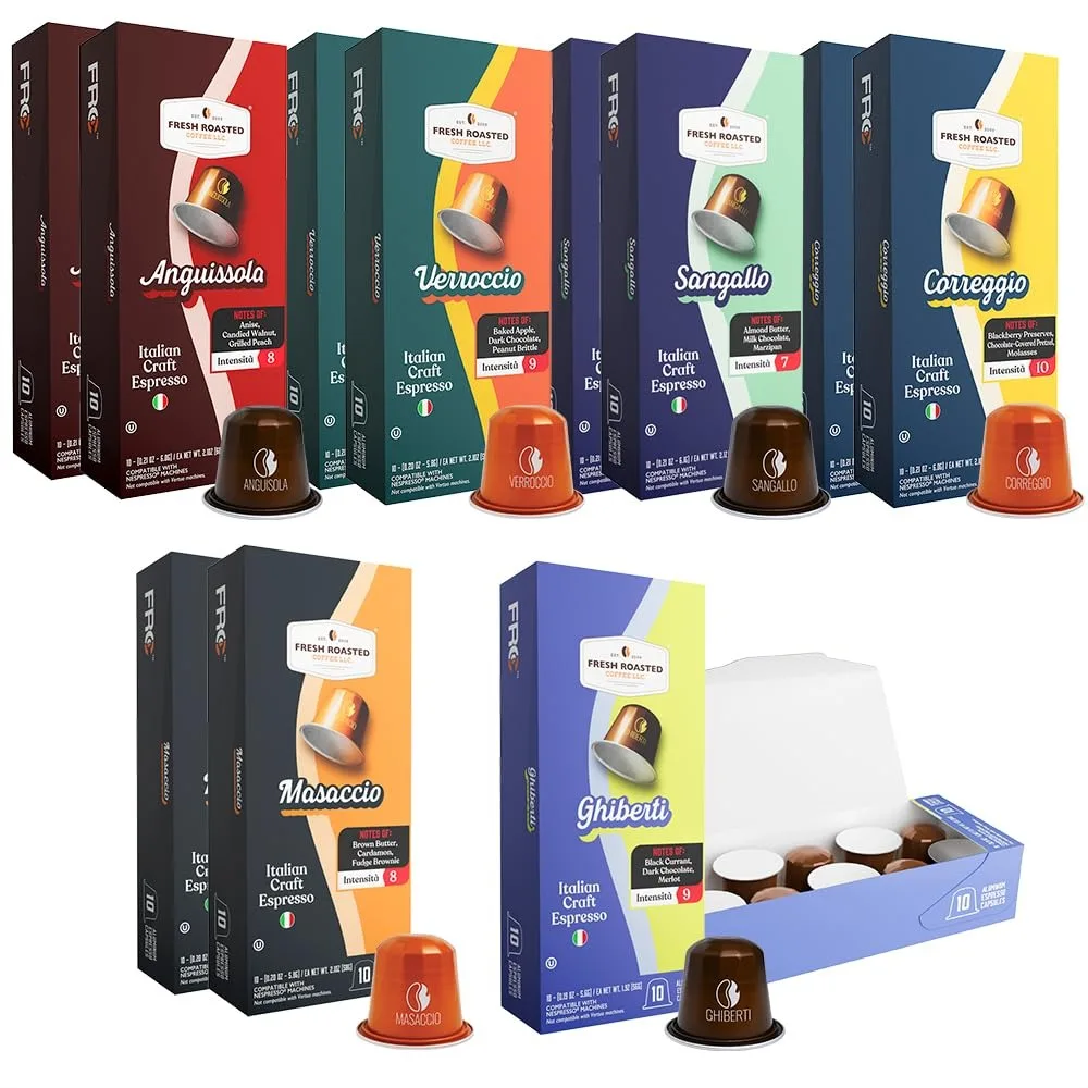 Fresh Roasted Coffee Espresso Pods for Nespresso OriginalLine, Italian Craft Variety, 120 Recyclable Aluminum Capsules
Fresh Roasted Coffee Espresso Pods for Nespresso OriginalLine, Italian Craft Variety, 120 Recyclable Aluminum Capsules