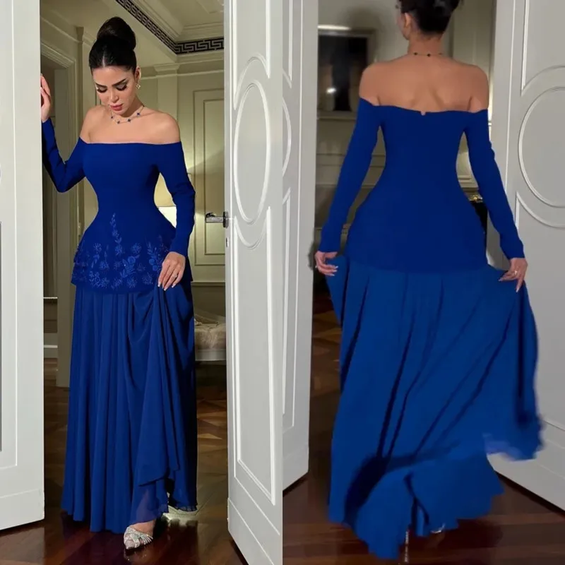 Modern Chiffon Blue Evening Dress Sexy Pleat Appliques Off the Shoulder Formal Long Sleeves Floor-Length Prom Gowns Customized
Modern Chiffon Blue Evening Dress Sexy Pleat Appliques Off the Shoulder Formal Long Sleeves Floor-Length Prom Gowns Customized