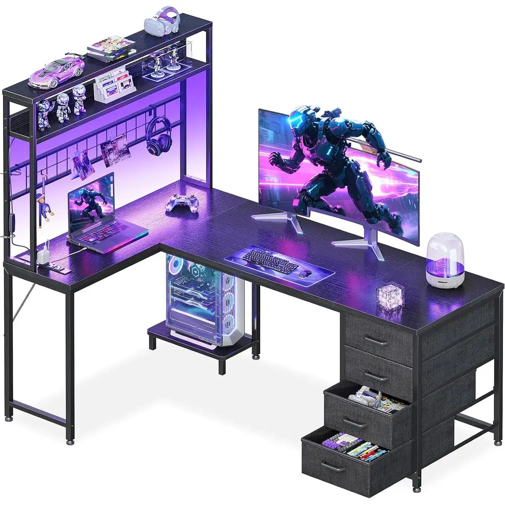 L-Shaped Gaming Desk with 4 Drawers, 59 Desk with Hutch, LED Lights, Power Outlets, Black Office Desk with Grid Pegboard
L-Shaped Gaming Desk with 4 Drawers, 59 Desk with Hutch, LED Lights, Power Outlets, Black Office Desk with Grid Pegboard