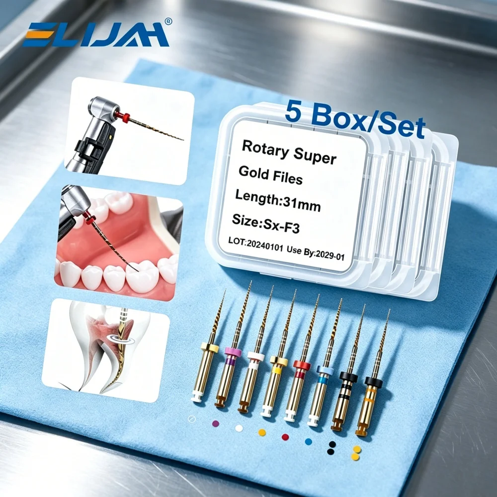 ELIJAH Dental 30Pcs 6Box/Set Rotary Super Gold Files Heat Activated Niti Alloy SX-F5 19/21/25/31mm for Endodontic Treatment
ELIJAH Dental 30Pcs 6Box/Set Rotary Super Gold Files Heat Activated Niti Alloy SX-F5 19/21/25/31mm for Endodontic Treatment