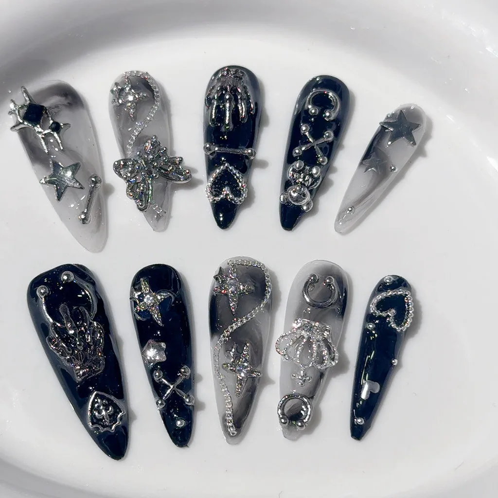 Handmade Press On Nails Black White Rendering Long Tip Nail Art Butterfly Star Crown Cool Fake Nails
Handmade Press On Nails Black White Rendering Long Tip Nail Art Butterfly Star Crown Cool Fake Nails