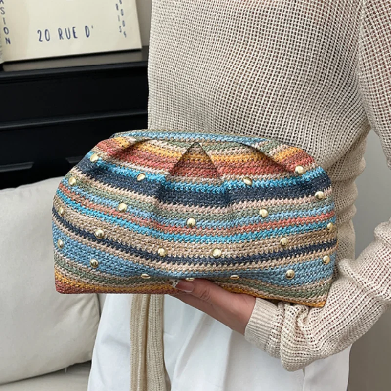 Rainbow Stripe Straw Woven Evening Clutch Rivet Decorated Summer Beach Vacation Handbag Bohemian Versatile Purse
Rainbow Stripe Straw Woven Evening Clutch Rivet Decorated Summer Beach Vacation Handbag Bohemian Versatile Purse
