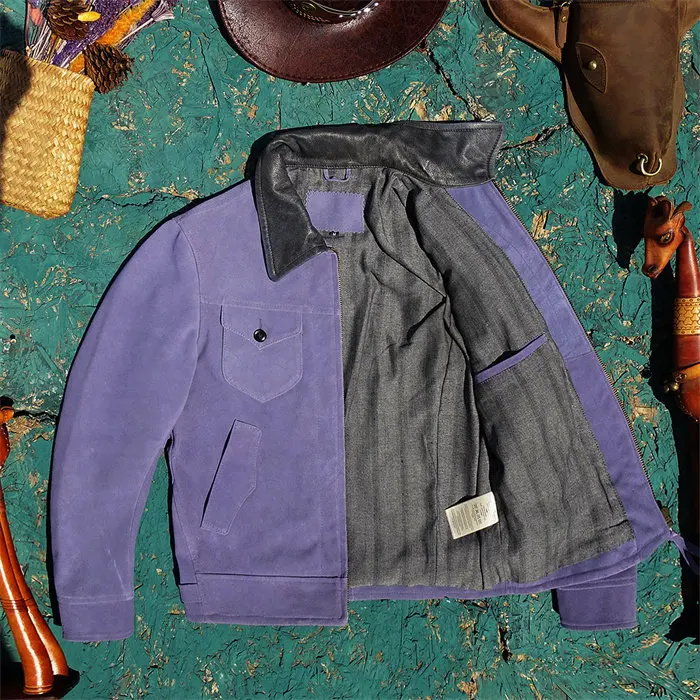 Men Purple Suede Cowhide Genuine Leather Jacket Mendoza Moon Pocket Lapel Fashion Biker Coat 148 S44eef1ff7eca486793920b0ecde22851I