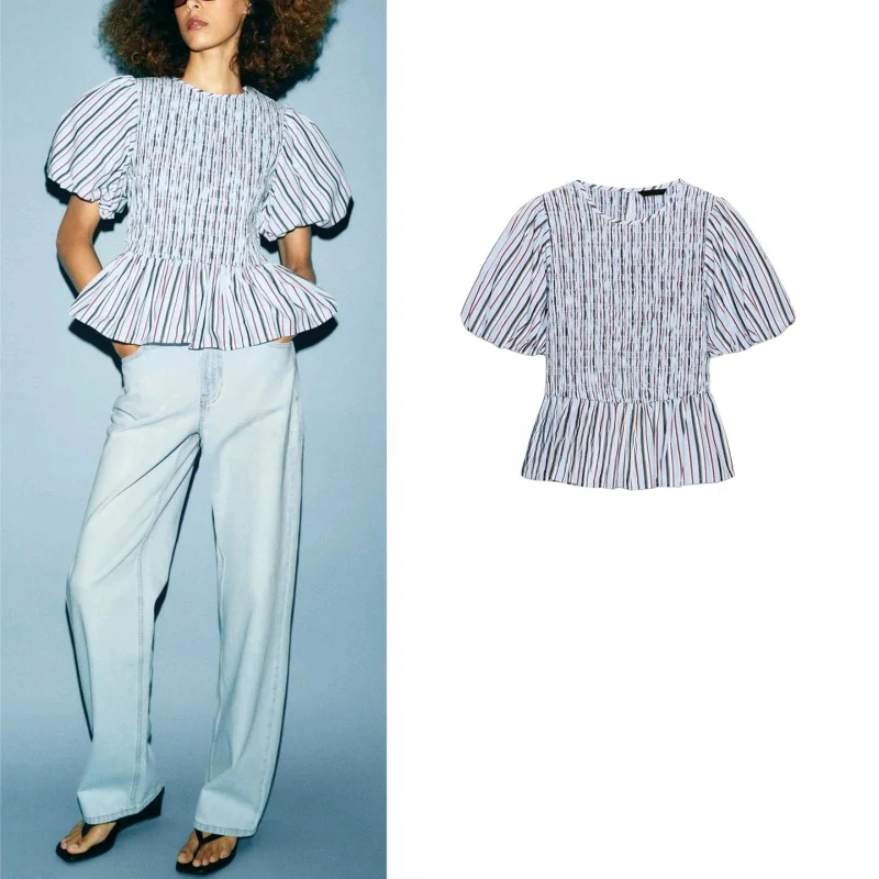 Summer New Women's Elastic Waist round Neck Balloon Sleeve Striped Honeycomb Pattern Top Casual Fit Polyester Fiber Short Sleeve
Summer New Women's Elastic Waist round Neck Balloon Sleeve Striped Honeycomb Pattern Top Casual Fit Polyester Fiber Short Sleeve
