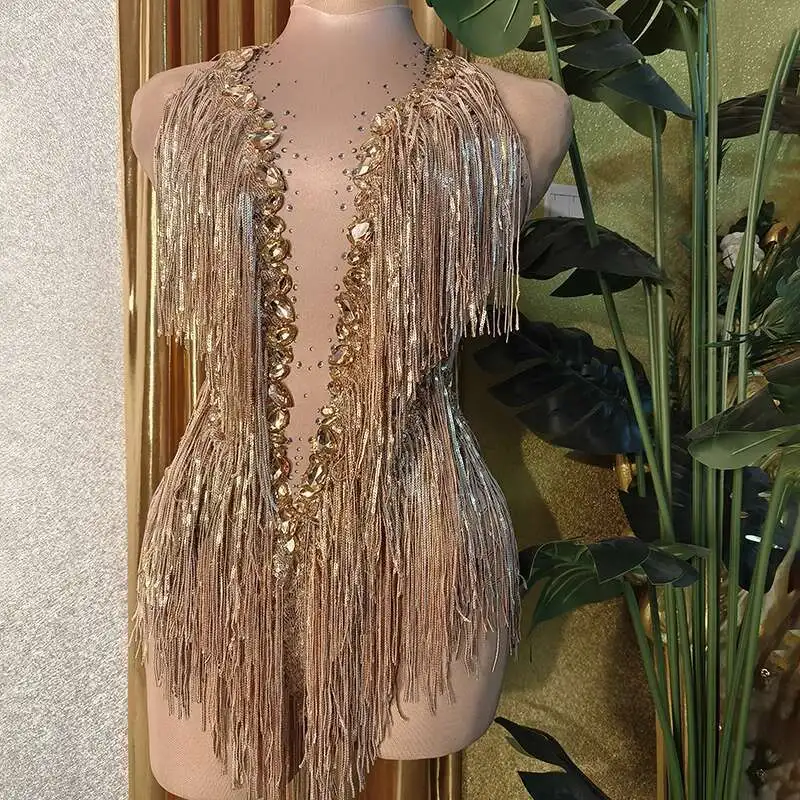 Nightclub Party Dress New Champagne Color Sexy Shiny Tassel Round Neck Short Elegant Luxurious Jumpsuit
Nightclub Party Dress New Champagne Color Sexy Shiny Tassel Round Neck Short Elegant Luxurious Jumpsuit