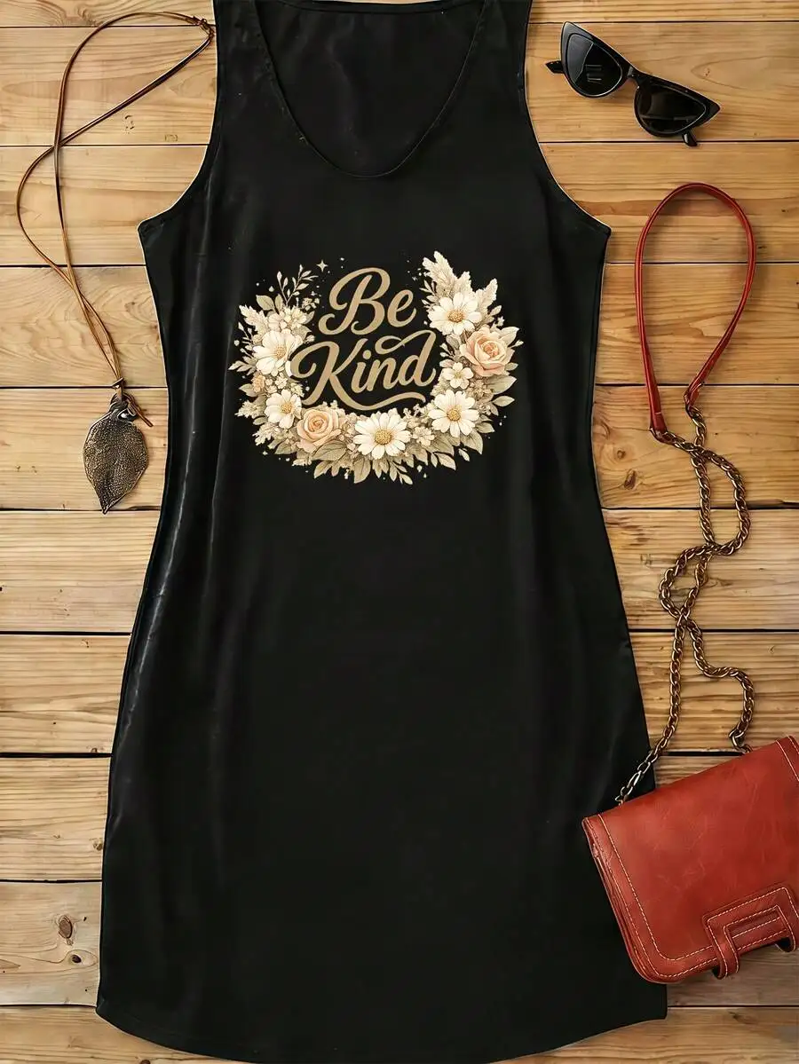 Womens Sleeveless Loose Tank Dress With Floral Be Kind Print Summer Casual Daily Wear
Womens Sleeveless Loose Tank Dress With Floral Be Kind Print Summer Casual Daily Wear