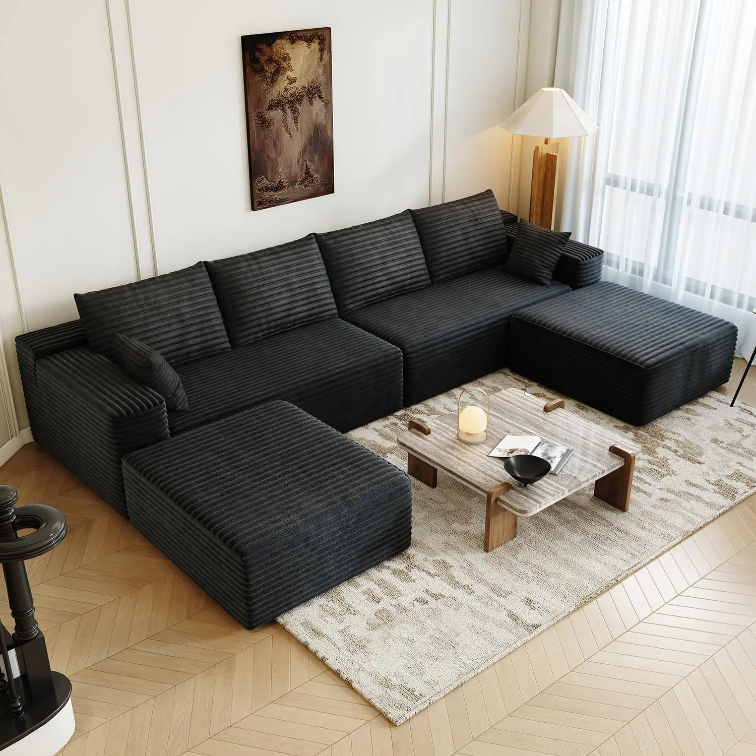 139" Modular U-Shape Sectional Sofa Deep Seat Convertible Bed Corduroy 6 Seater Tool-Free Assembly, Customized
139" Modular U-Shape Sectional Sofa Deep Seat Convertible Bed Corduroy 6 Seater Tool-Free Assembly, Customized