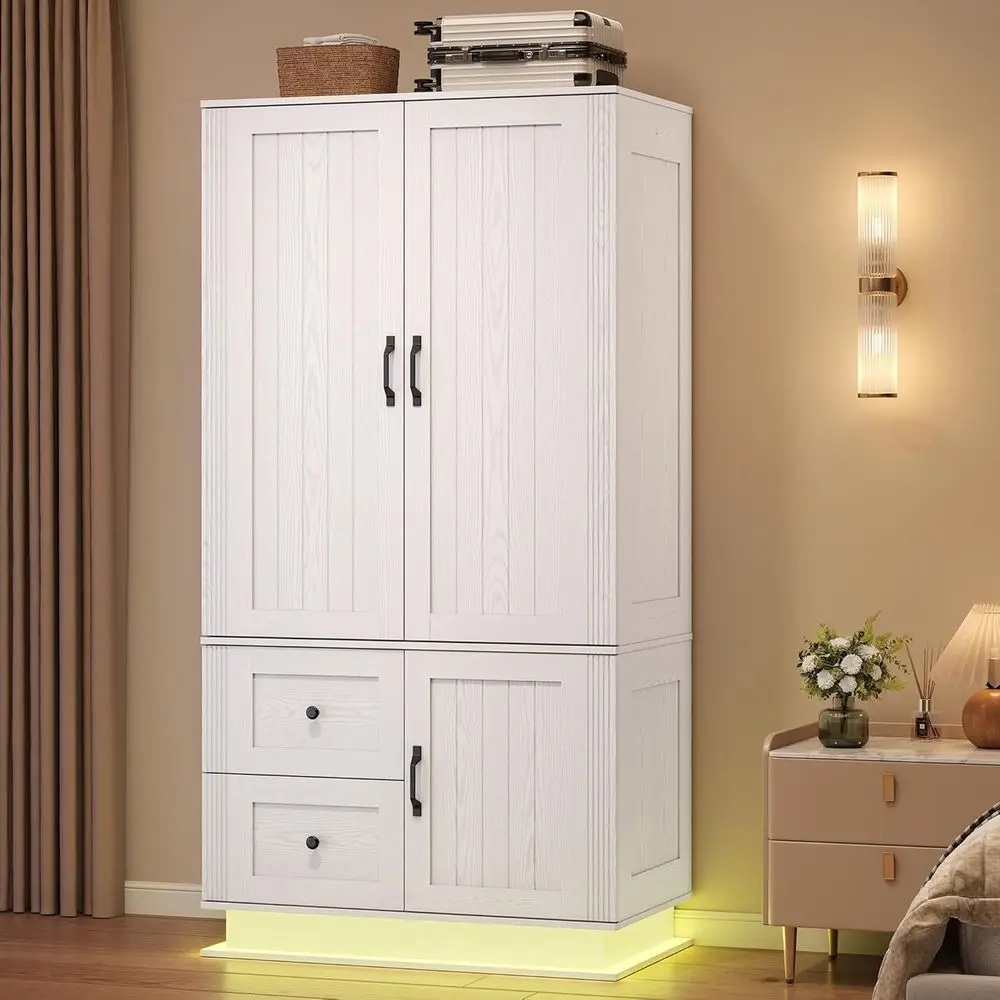 Large 70 White Wooden Wardrobe Closet with LED Lights, Hanging Rod, 2 Drawers & 1 Cabinet
Large 70 White Wooden Wardrobe Closet with LED Lights, Hanging Rod, 2 Drawers & 1 Cabinet