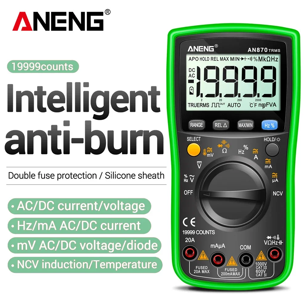 ANENG AN870 Профессиональный цифровой мультиметр 19999 отсчетов True Rms Напряжение переменного/постоянного тока Ток NCV Транзистор Точный автоматический тестер диапазона
ANENG AN870 Профессиональный цифровой мультиметр 19999 отсчетов True Rms Напряжение переменного/постоянного тока Ток NCV Транзистор Точный автоматический тестер диапазона