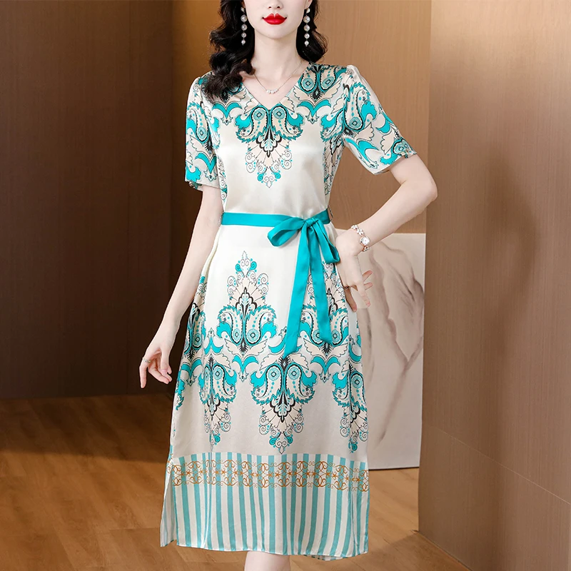 2023 New Fashion Silk Dress Summer Short Sleeve Silk Knee Length Dress French Loose Fit Printing Casual Party Vestidos
2023 New Fashion Silk Dress Summer Short Sleeve Silk Knee Length Dress French Loose Fit Printing Casual Party Vestidos