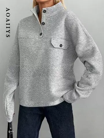 Aoaiiys Turtleneck Sweatshirt Women Button Loose Hoodies Fashion Long Sleeve Sweatshirt Autumn Winter New Simple Classic Hoodies