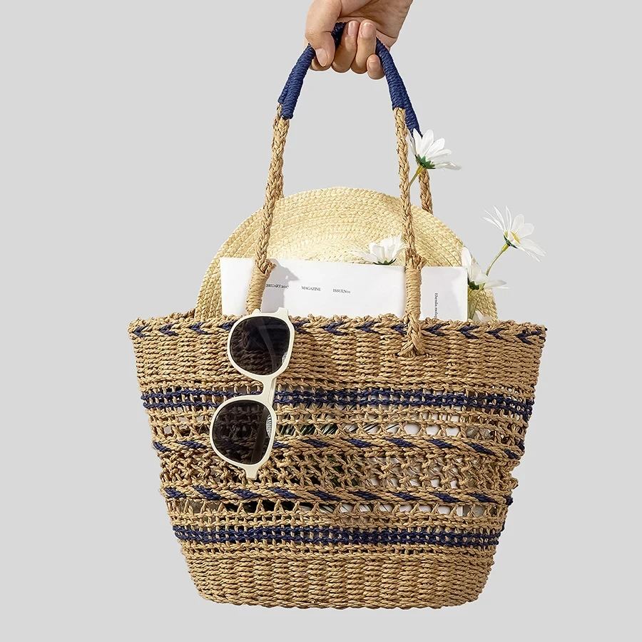 Casual Hollow Striped Straw Basket Bag Designer Paper Woven Women Shoulder Bags Handmade Summer Beach Large Holiday Tote Bag
Casual Hollow Striped Straw Basket Bag Designer Paper Woven Women Shoulder Bags Handmade Summer Beach Large Holiday Tote Bag
