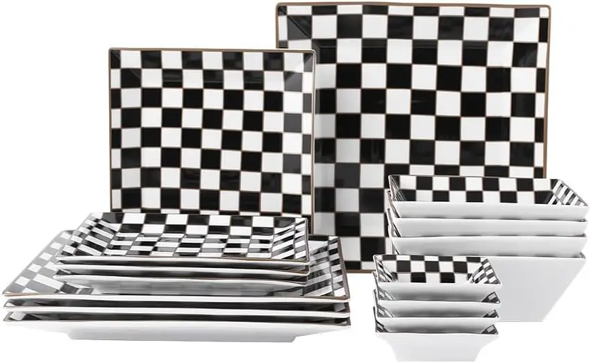 Checker Porcelain Square Dinnerware Set for 4, Dishes Set for 4 with 3.3-inch Dipping Saucers, Black and White Plates an
Checker Porcelain Square Dinnerware Set for 4, Dishes Set for 4 with 3.3-inch Dipping Saucers, Black and White Plates an